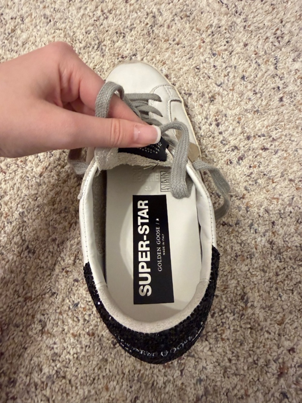 Golden Goose White Sneakers with Gray Laces and Black Sequin Heel - Picture 4 of 5